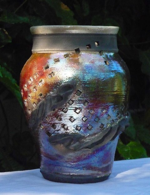 Raku Vase, Rainbow with Square holes