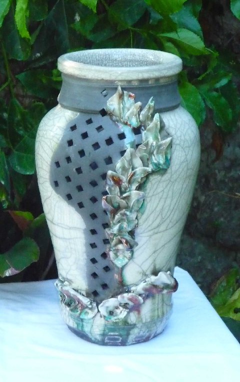 Raku Vase, White with Square Holes