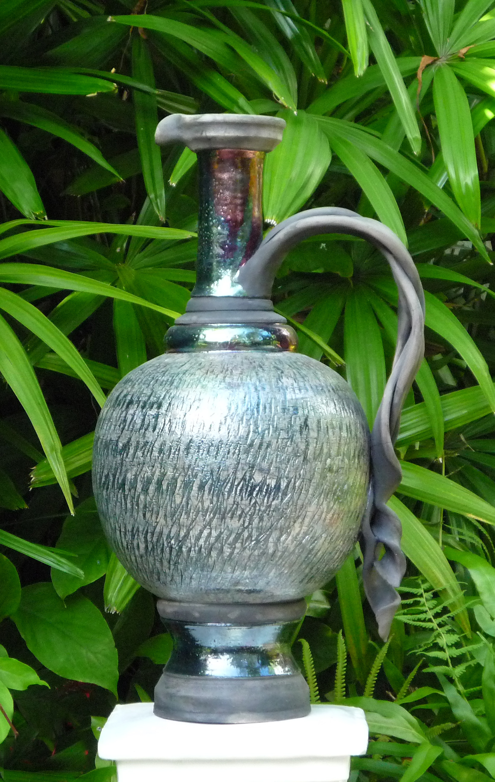 Raku. Tall Pitcher with Braided Handle