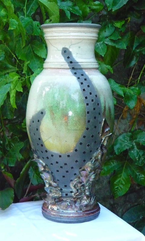 Raku Tall Vase with Square Holes