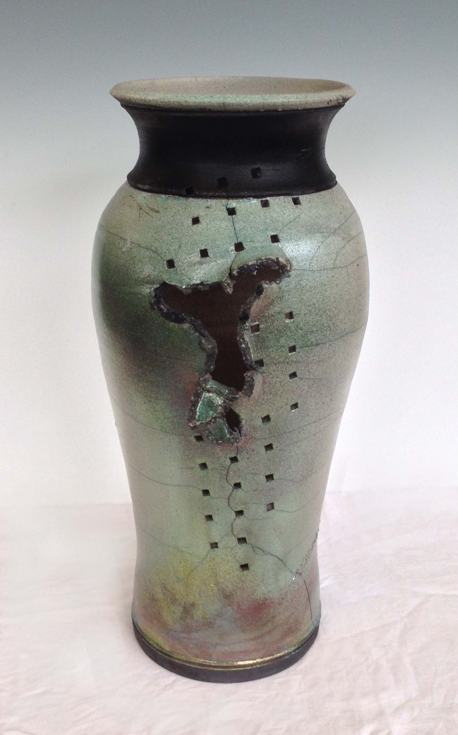 Raku Vase with Small Square Holes