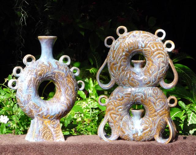 Stoneware Carved rutile Doughnut Vases Small